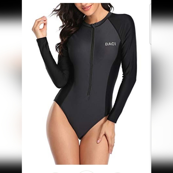 Daci Black Longsleeve Rash Guard Zip-Up Swimsuit Size XS - Picture 2 of 9